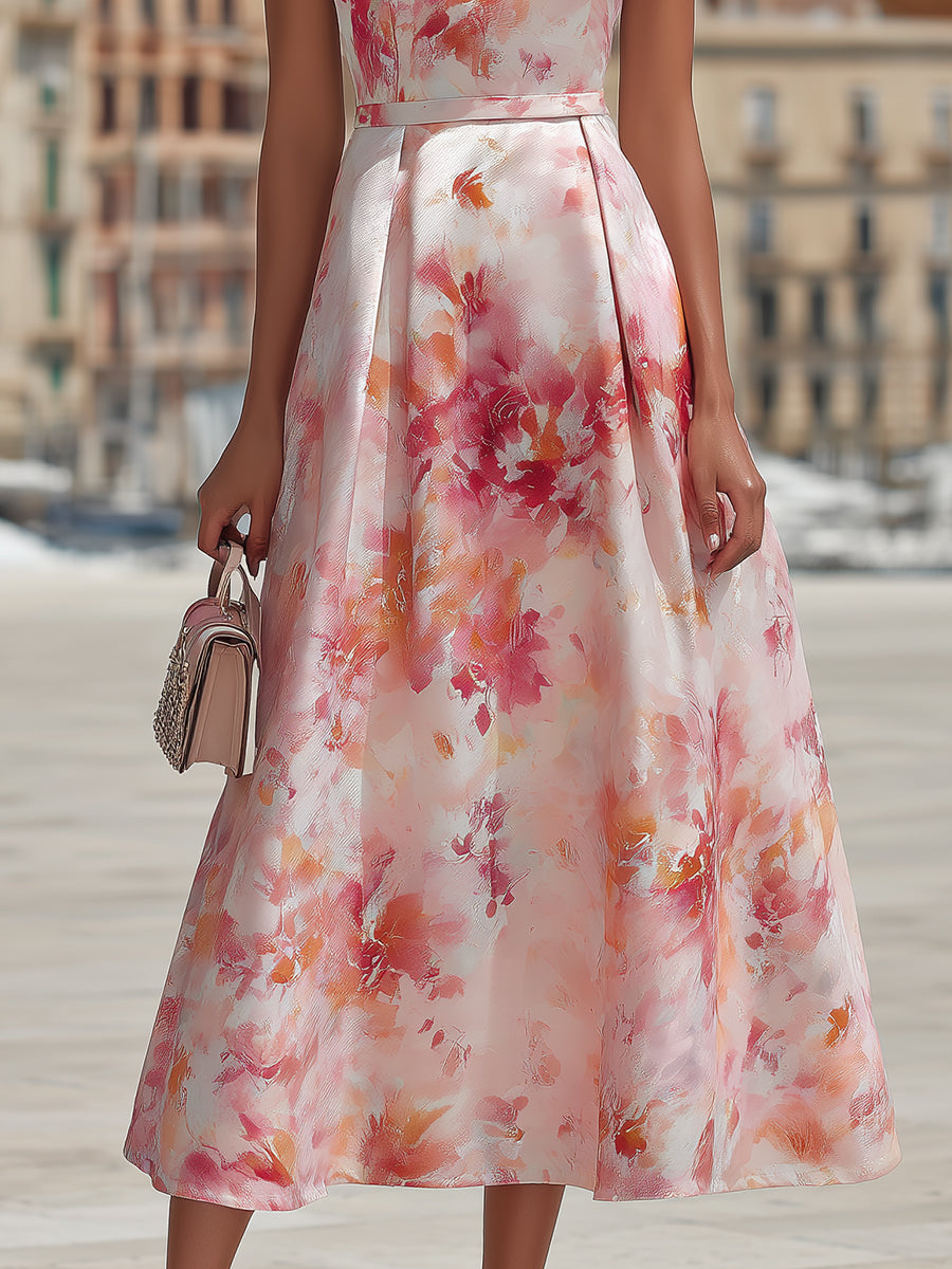 Violetta - Midi Dress with Halter in Watercolour Floral Pattern