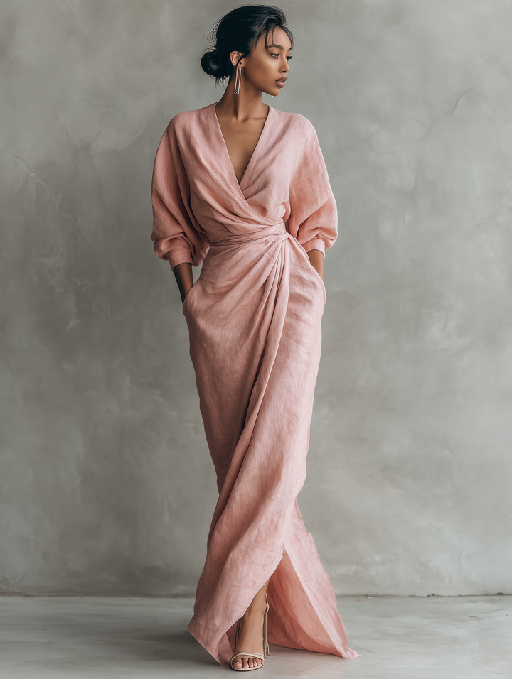 Rose Linen V-Neck Maxi Dress