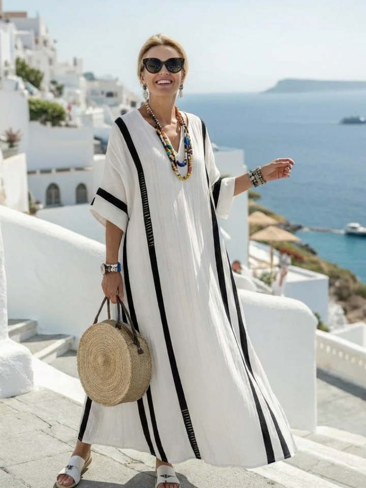 Elvienne | Short-Sleeved Maxi Dress with Colour Block Stripes
