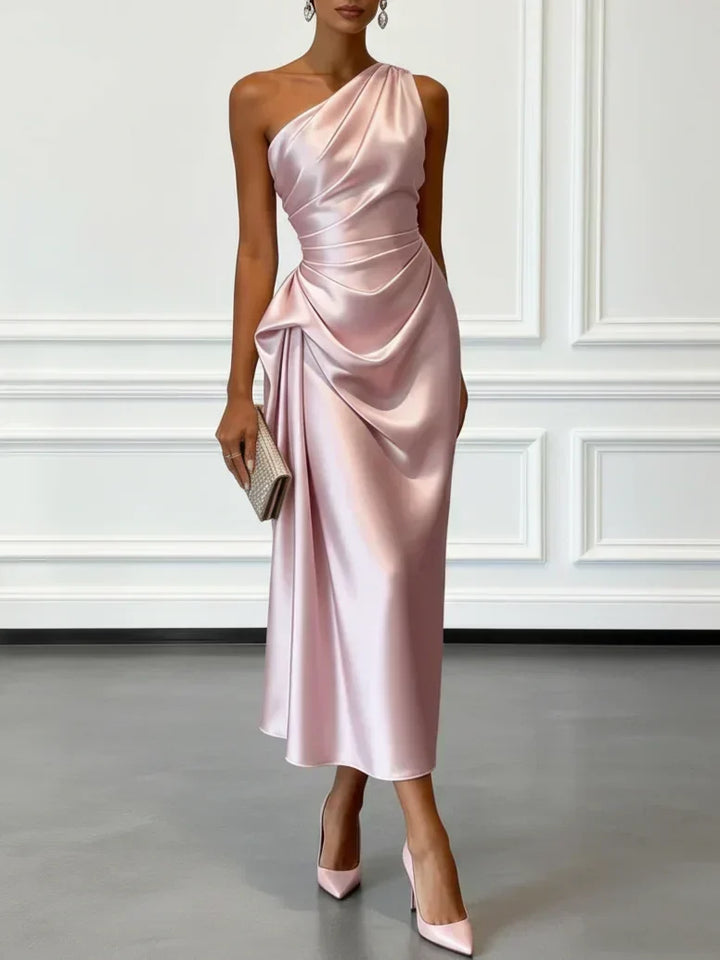 Caille - Champagne Satin One-Shoulder Sleeveless Ruffled Midi Dress