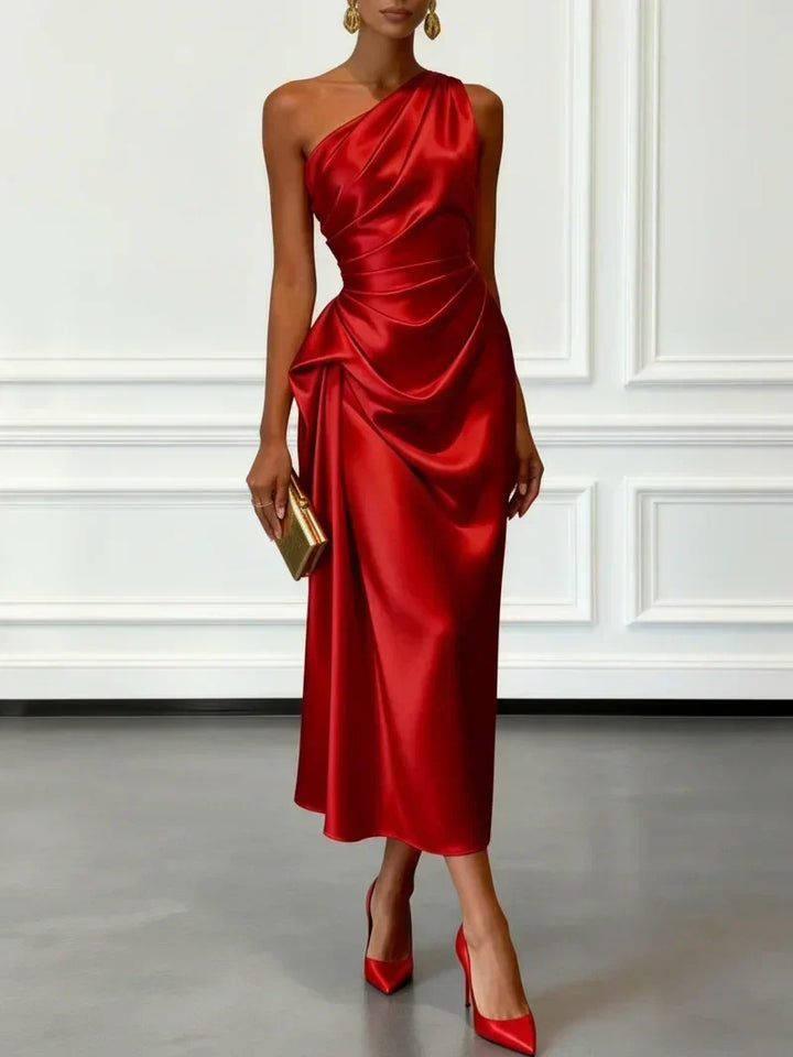 Caille - Champagne Satin One-Shoulder Sleeveless Ruffled Midi Dress