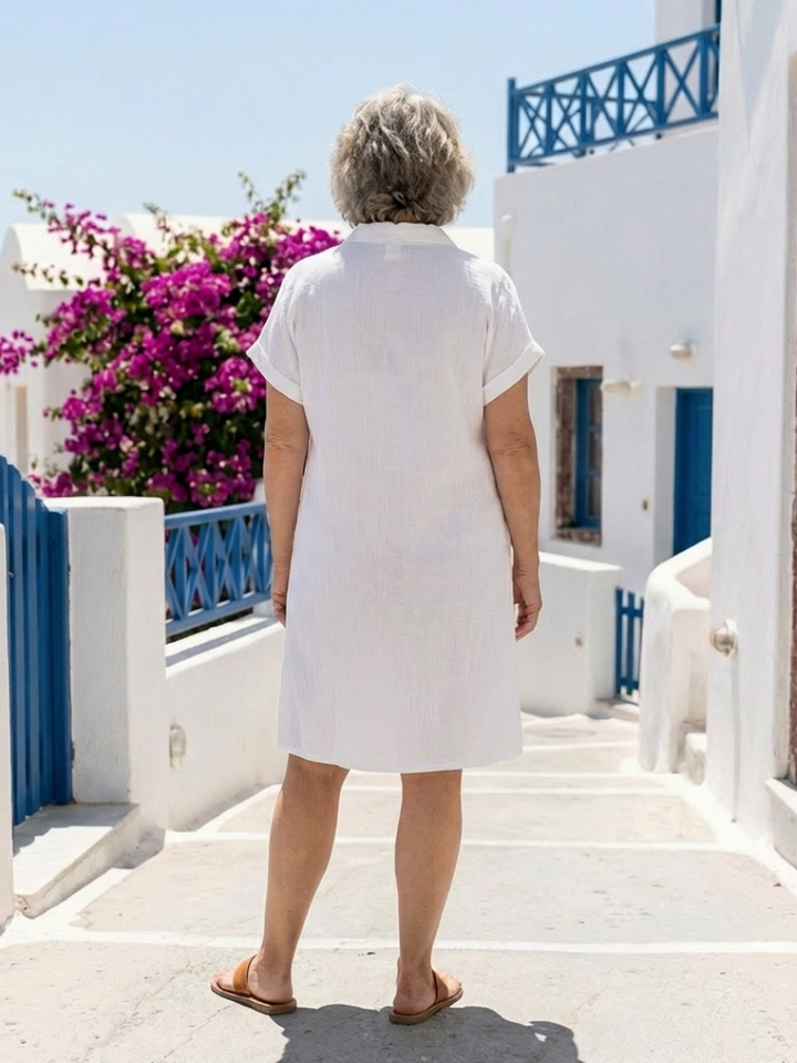Helene | Short-Sleeved Dress with Front Pocket in Knee-Length
