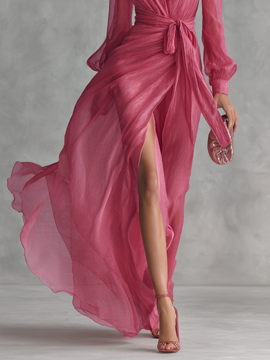 Rose Chiffon Dress with V-Neck