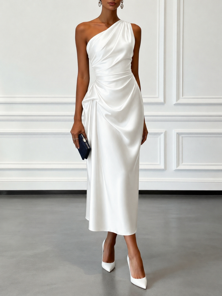 Caille - Champagne Satin One-Shoulder Sleeveless Ruffled Midi Dress