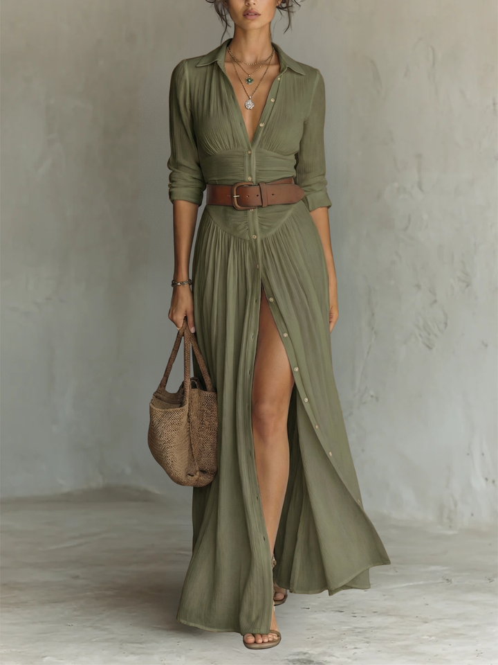 Kiara - Maxi Dress with Long Sleeves and Lapel Collar