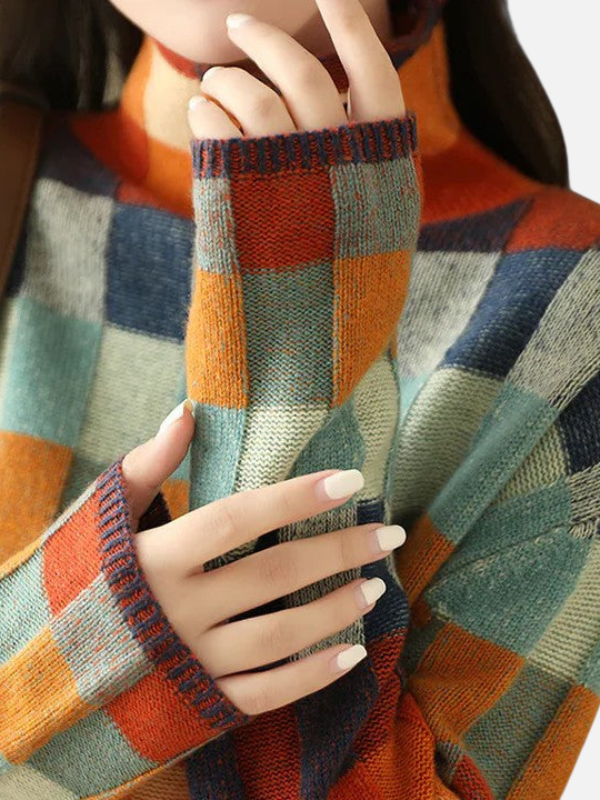 Maria | Colourful Checked Knit Sweater with High Collar