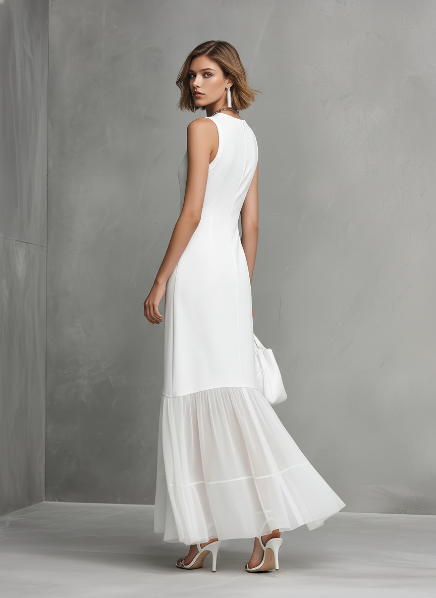 Elegant White Sleeveless Dress for Women Made from Silk and Chiffon Elements