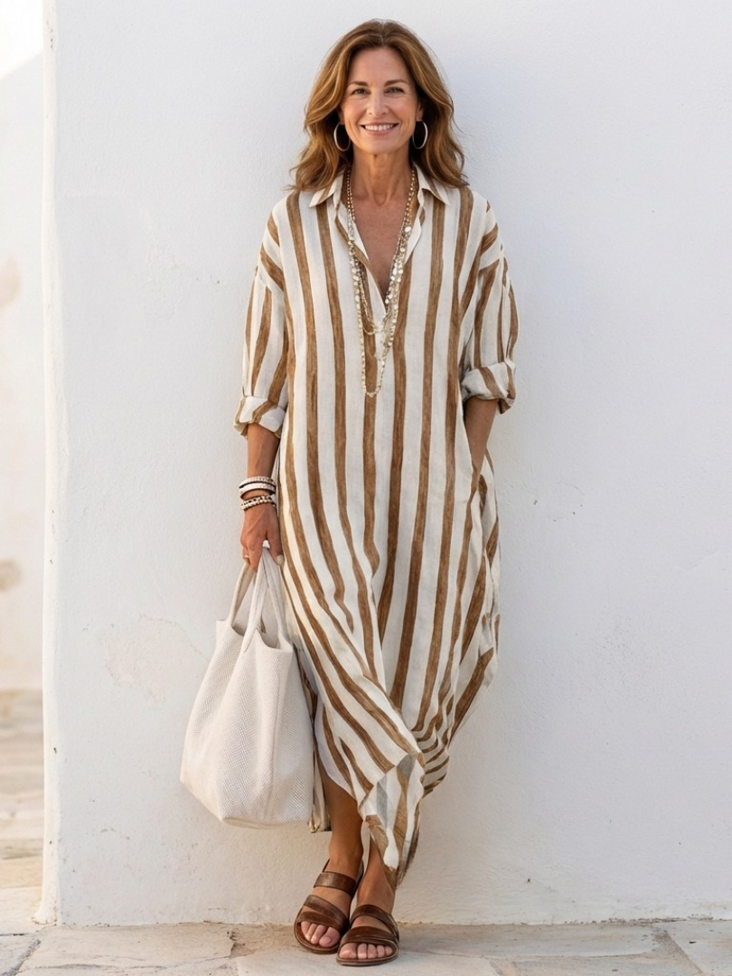 Naomi | Long-Sleeved Striped Midi Shirt Dress