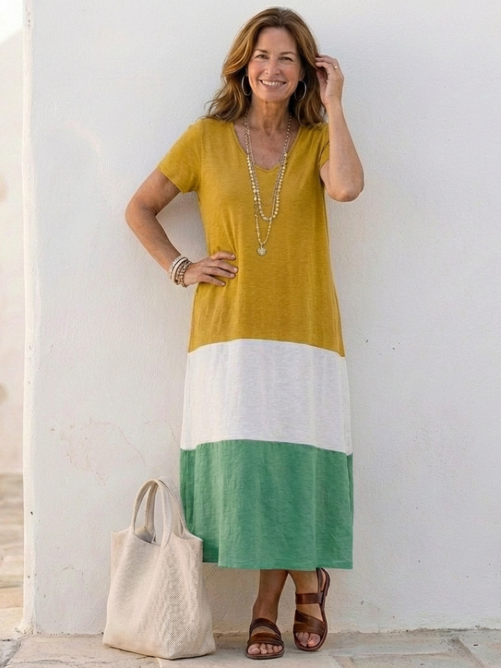Thalia | Short-Sleeved Colour Block V-Neck Midi Dress