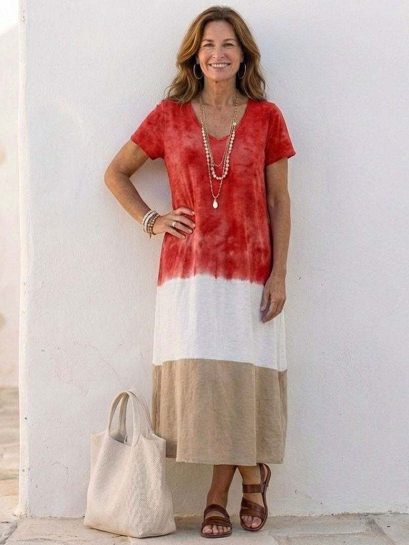 Thalia | Short-Sleeved Colour Block V-Neck Midi Dress