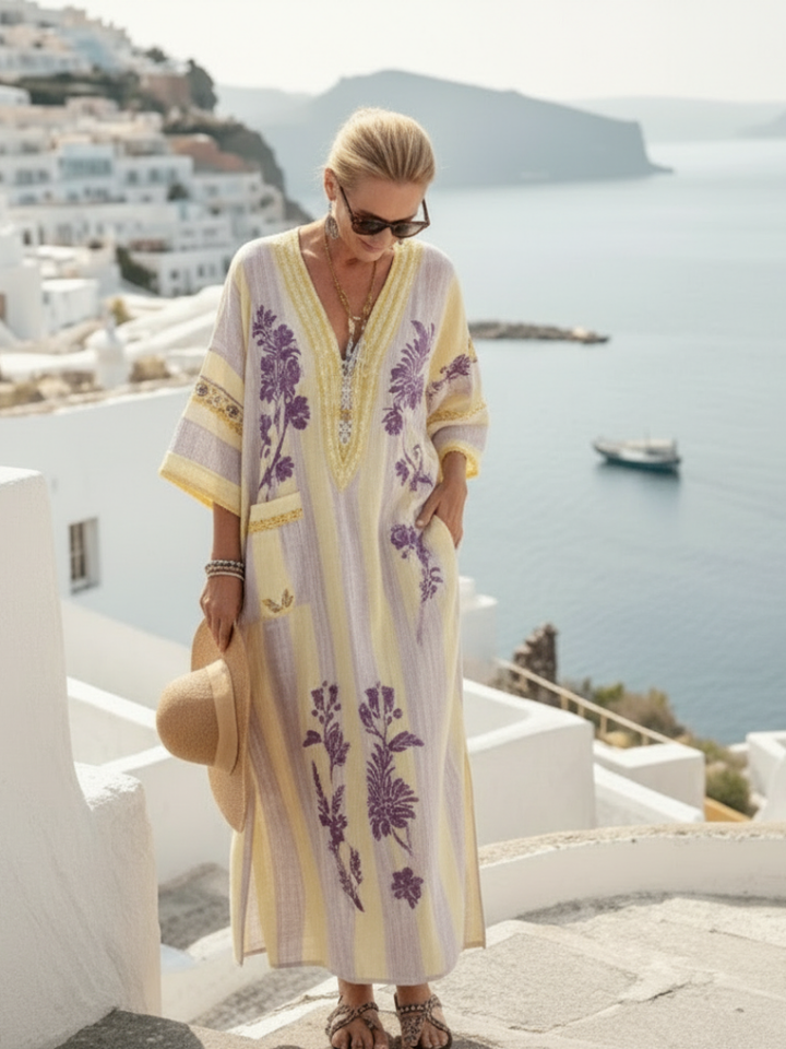 Aurelia | V-Neck Maxi Dress with Half Sleeves and Striped Pattern