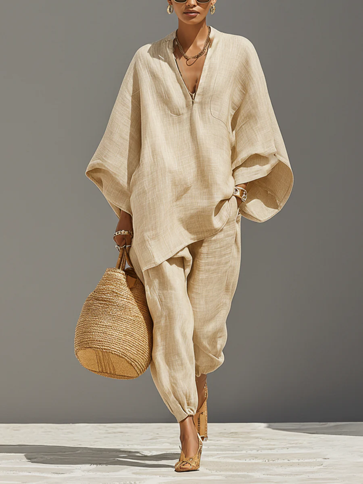 Caroline - Light Khaki Asymmetric Minimalist Top and Jogging Bottoms Set