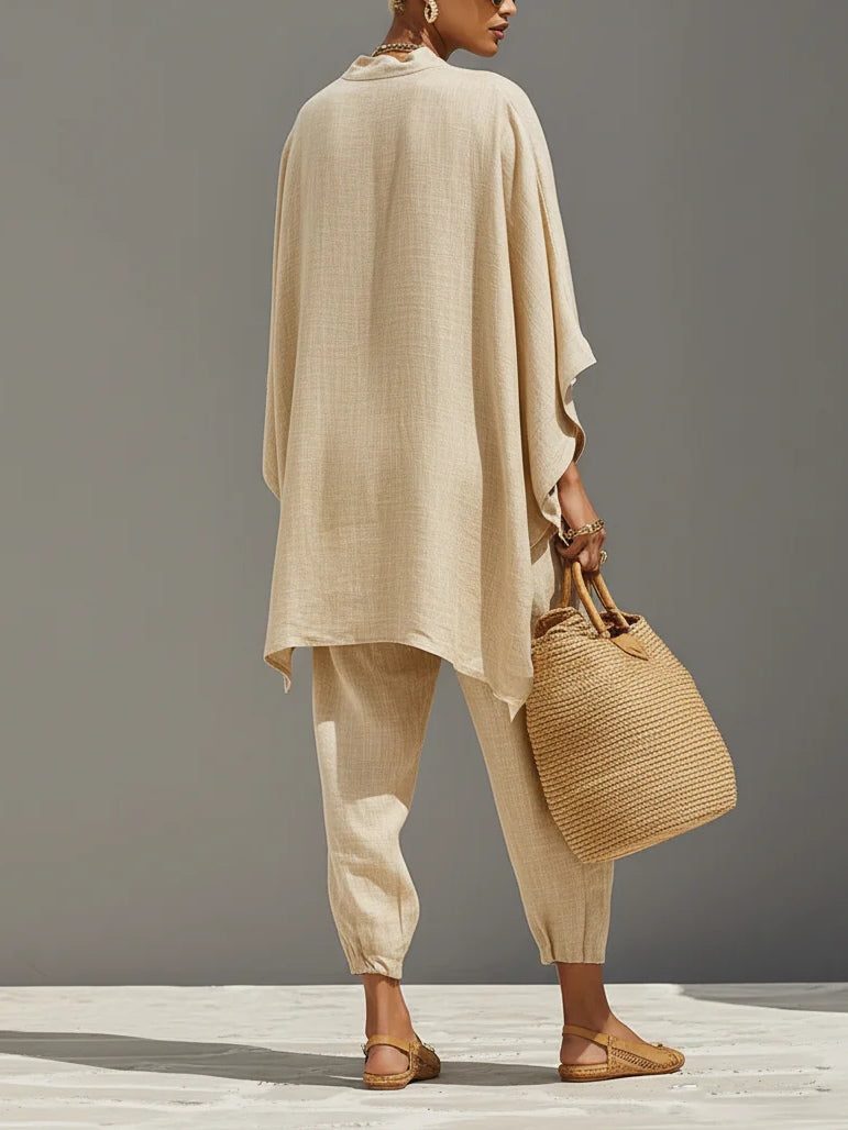 Caroline - Light Khaki Asymmetric Minimalist Top and Jogging Bottoms Set