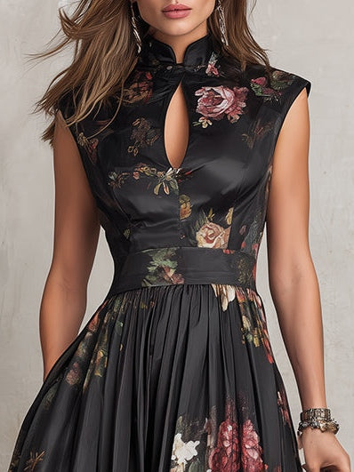 Rosie - Black Keyhole Neckline Collar Floral Pleated Satin Midi Dress
