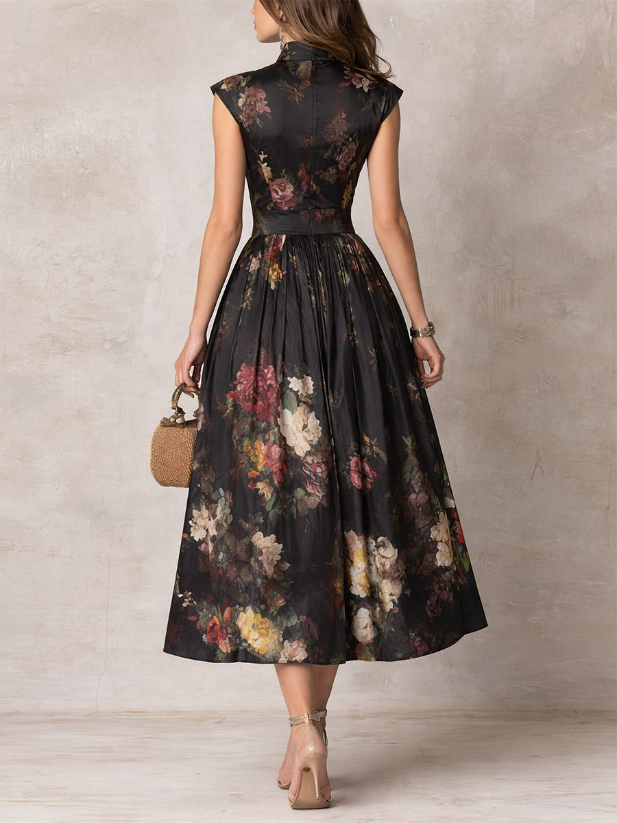 Rosie - Black Keyhole Neckline Collar Floral Pleated Satin Midi Dress