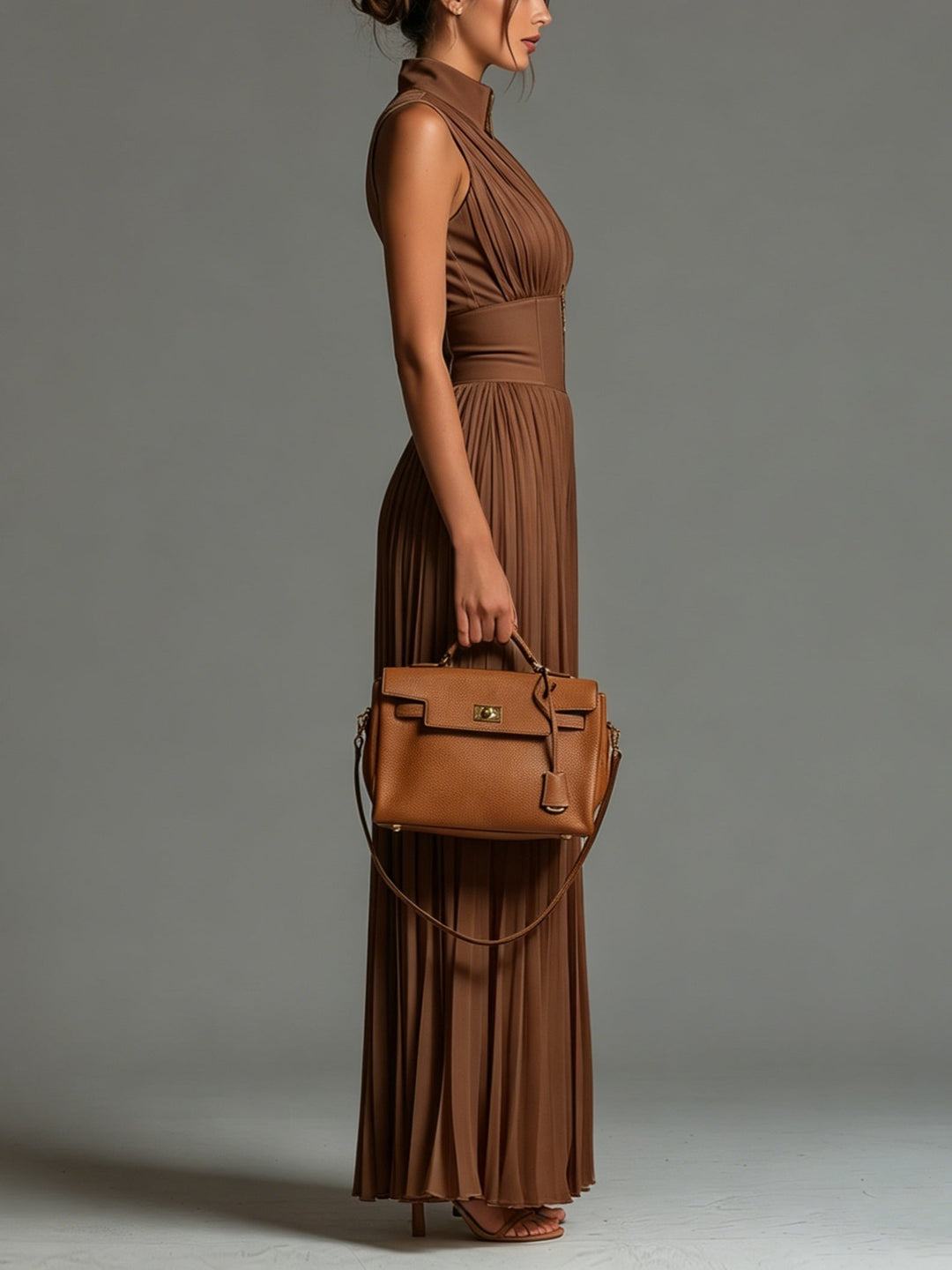 Zsófia Jumpsuit | Jumpsuit made of pleated chiffon in caramel colour