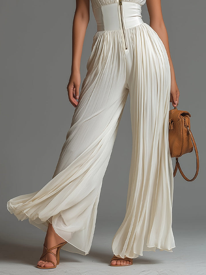 Zsófia Jumpsuit | Pleated White Chiffon Jumpsuit
