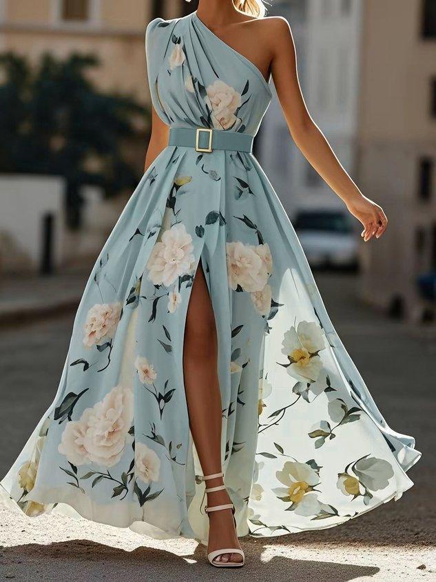 Sella - Ruffled One-Shoulder A-Line Maxi Chiffon Dress