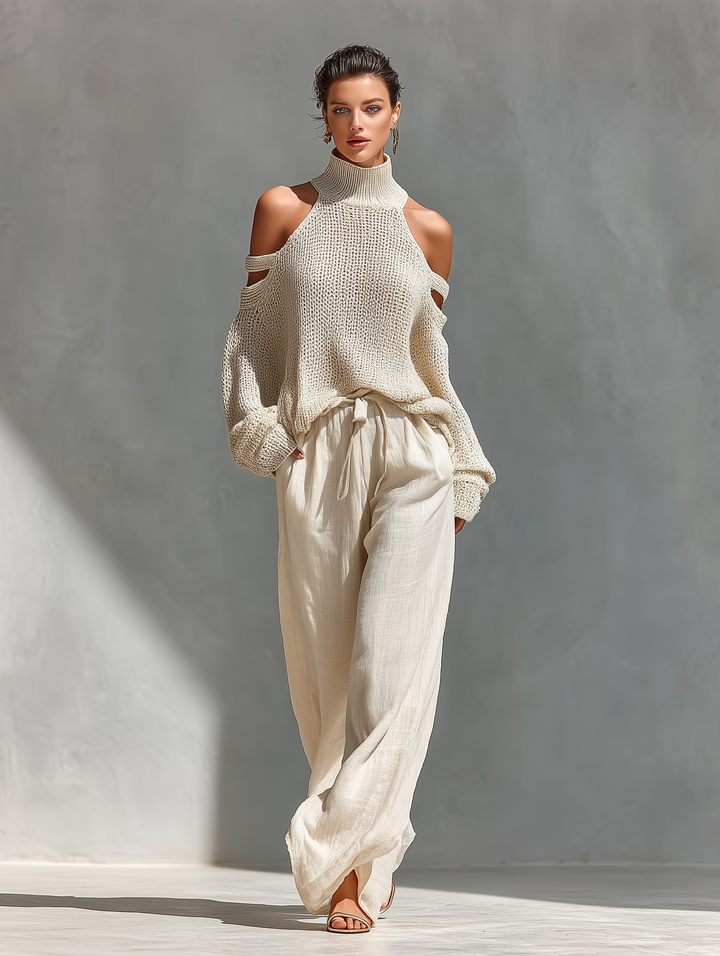 Thalia - Beige Knitted Off-Shoulder Turtleneck Top &amp; Wide Trousers Set