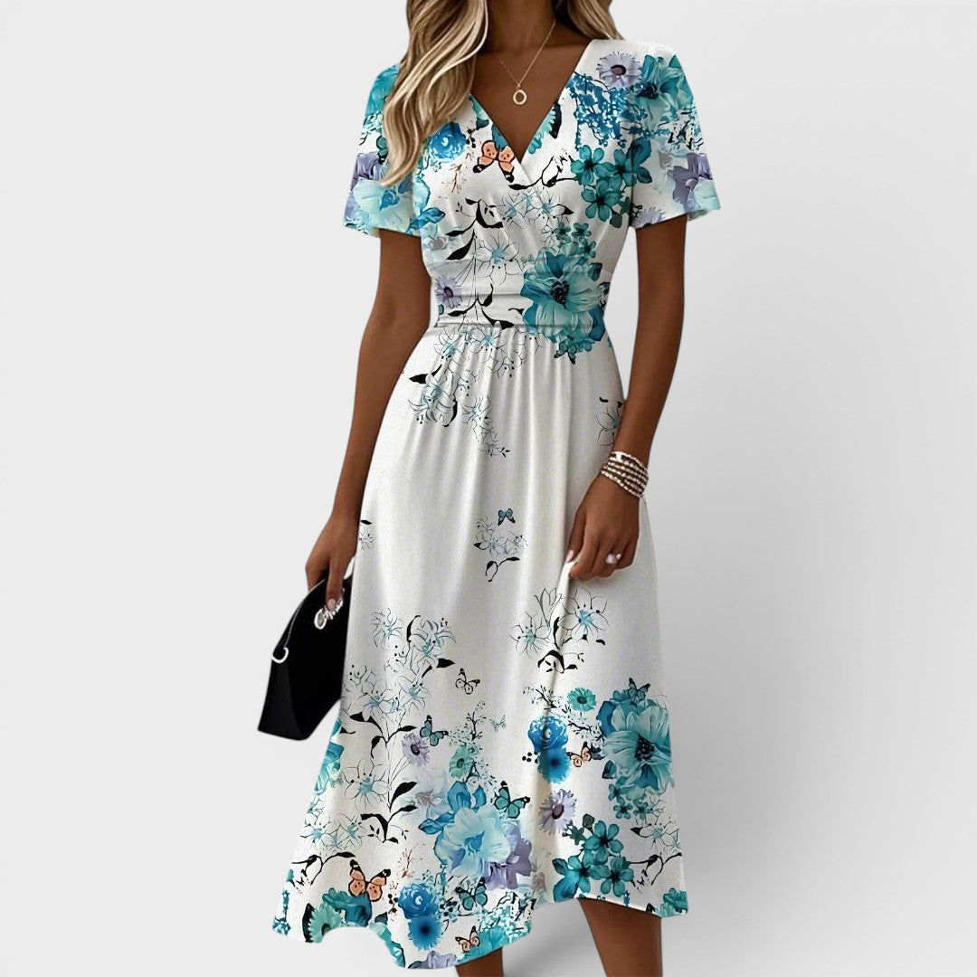 Seraphina | Blue Floral Midi Dress with Flutter Sleeves