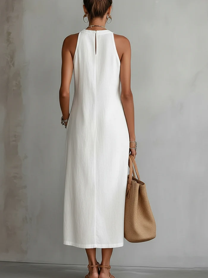 Jimena | Midi Linen Dress with Stand-Up Collar