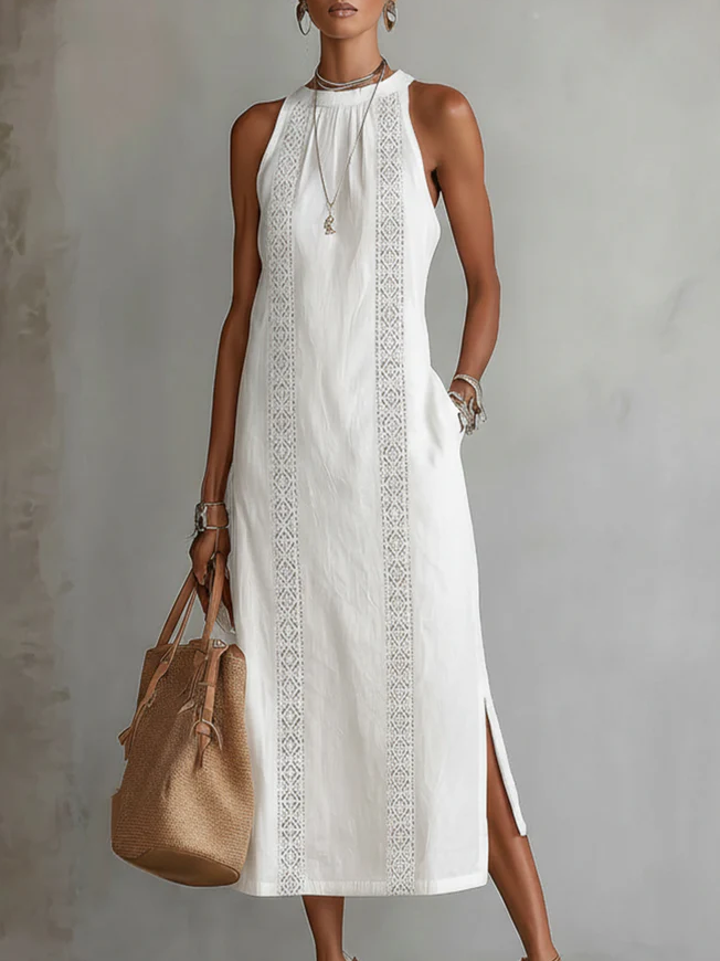 Jimena | Midi Linen Dress with Stand-Up Collar