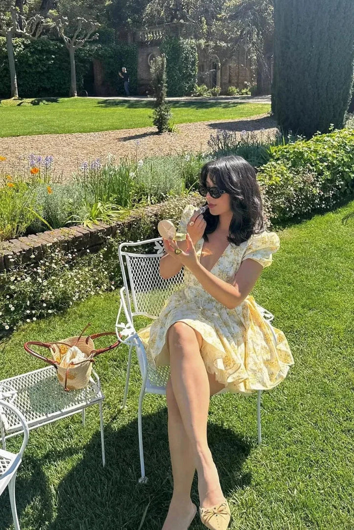 Yellow Floral Dress with Back Lacing for Summer